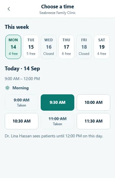 Mawed appointment slots for a selected day, using fictional demo data.