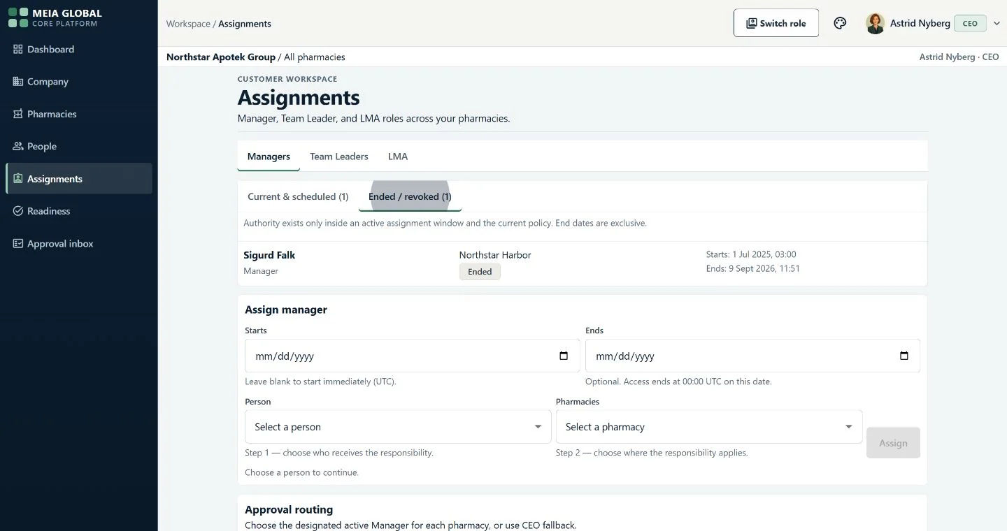 An assignments page with an ended Manager assignment showing its start and end times, beside the form that assigns a person to a pharmacy for a defined period.