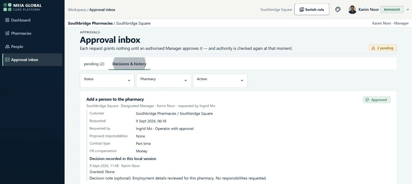 A Manager's approval inbox showing an approved request with its customer, requester, proposed responsibilities, and a recorded decision stating that no responsibilities were granted.