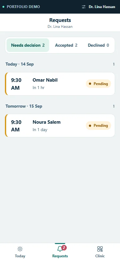 A doctor requests screen with Needs decision, Accepted and Declined groups and two pending requests.