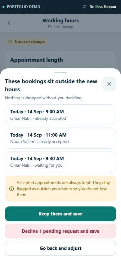 A phone dialogue listing three existing bookings that sit outside newly chosen working hours, with keep and decline actions.