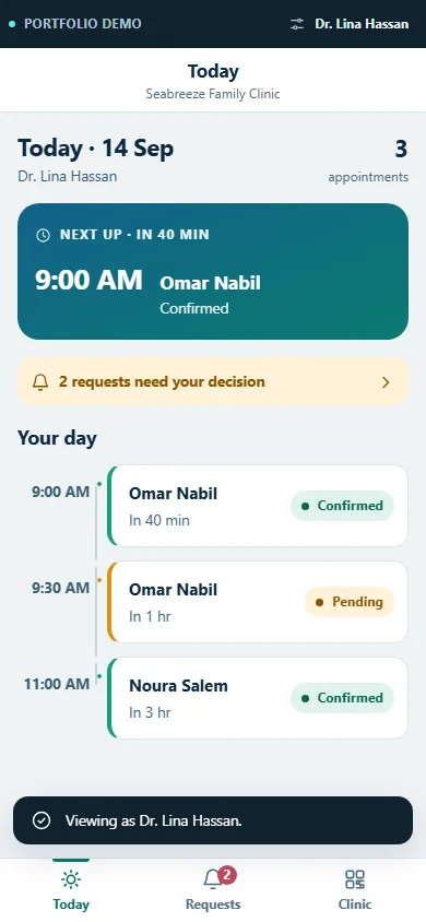 A doctor phone view listing the day's appointments, each marked confirmed or pending.