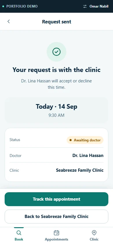 A phone confirmation screen showing an appointment request with an Awaiting doctor status.