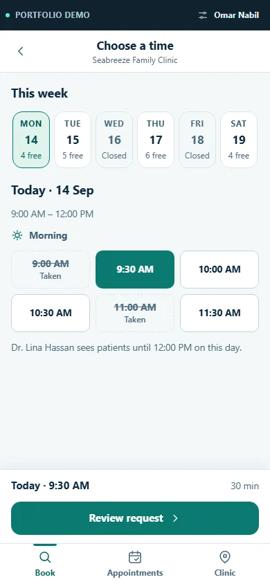 A phone screen listing a week of clinic days and morning time slots, with two slots marked as taken.